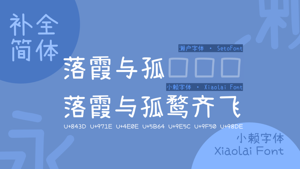 小赖字体(Xiaolai Font)对比濑户字体(SetoFont),展示了如何补全“落霞与孤鹜齐飞”中缺失的简体字及其Unicode编码。