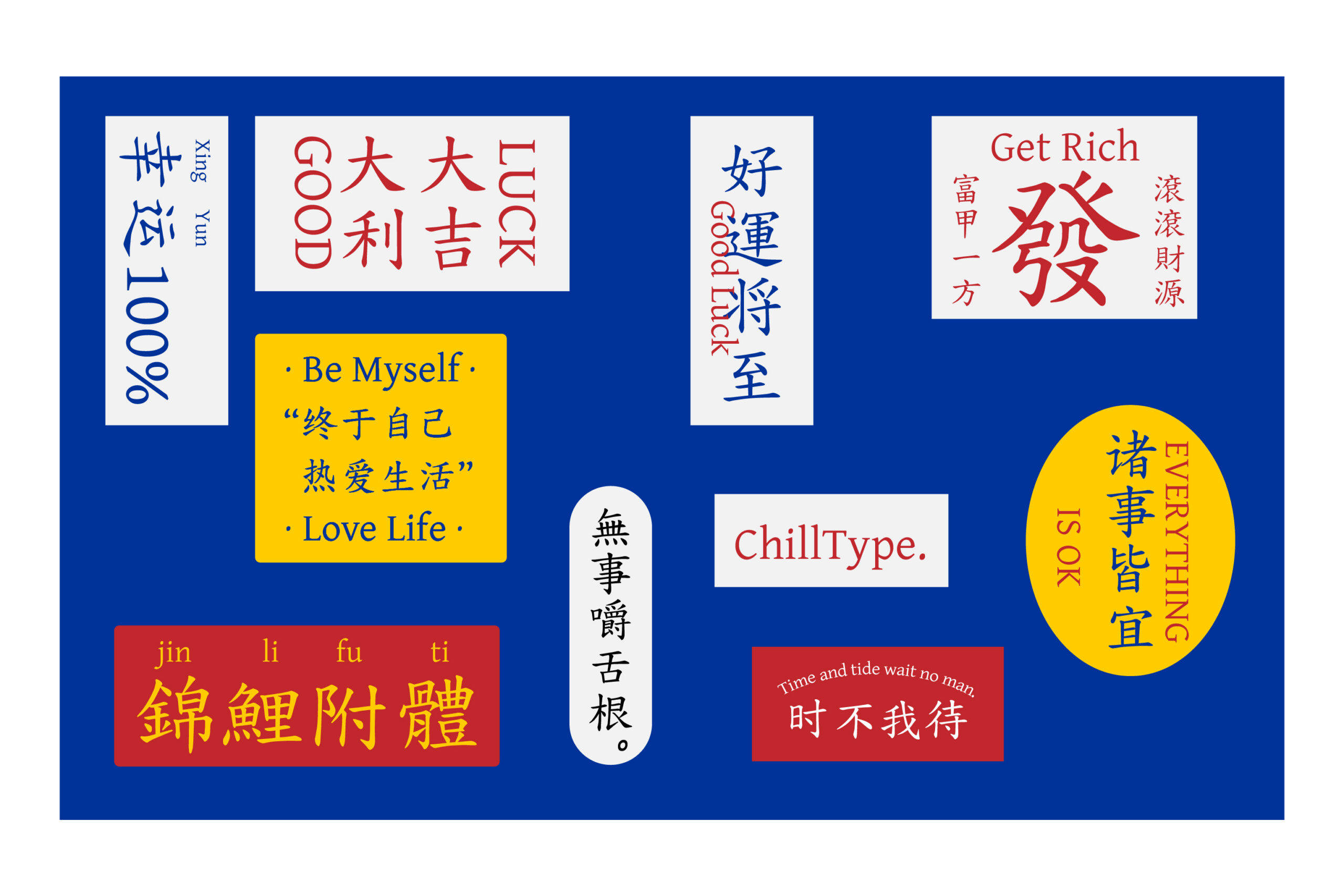 一组蓝色背景上的创意平面设计，展示了各种中文和英文祝福语与吉祥话，包括“大吉大利”、“好运将至”、“诸事皆宜”、“锦鲤附体”、“时不我待”和“Be Myself”。