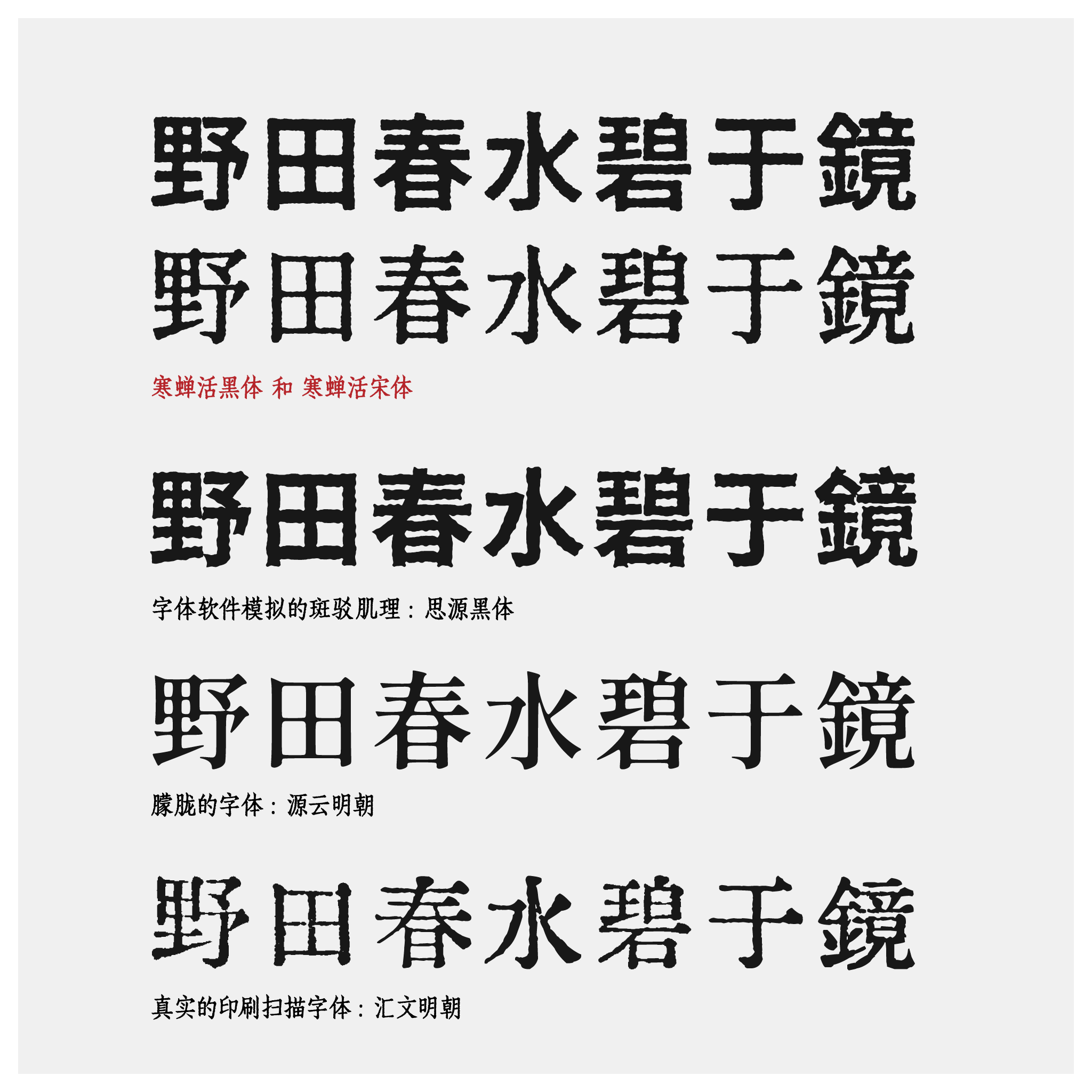 展示同一诗句“野田春水碧于镜”的不同中文字体呈现,包括寒蝉活黑体/宋体、思源黑体(模拟斑驳纹理)、源云明朝(朦胧效果)、汇文明朝(真实印刷扫描)的样式对比。