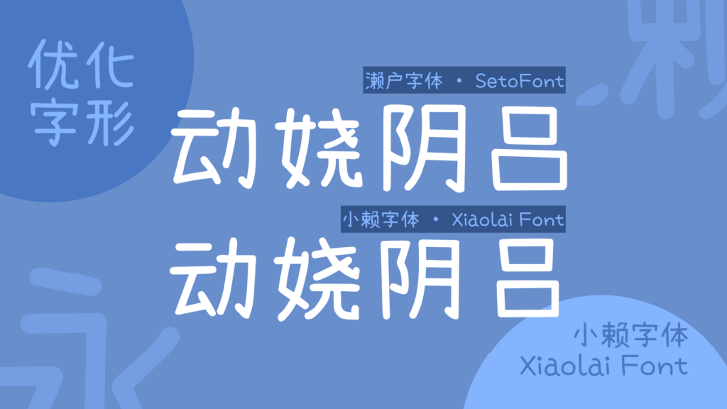 对比展示濑户字体与小赖字体下的“动姥阴吕”四字,呈现字形优化后的效果