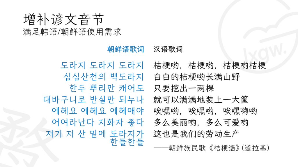 增补谚文音节的示例,展示朝鲜族民歌《桔梗谣》的韩语歌词和汉语翻译。