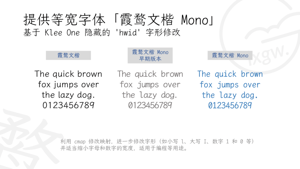 展示等宽字体「霞鹜文楷 Mono」与原版及早期版本的字体对比,基于Klee One修改字形以适用于编程等用途。