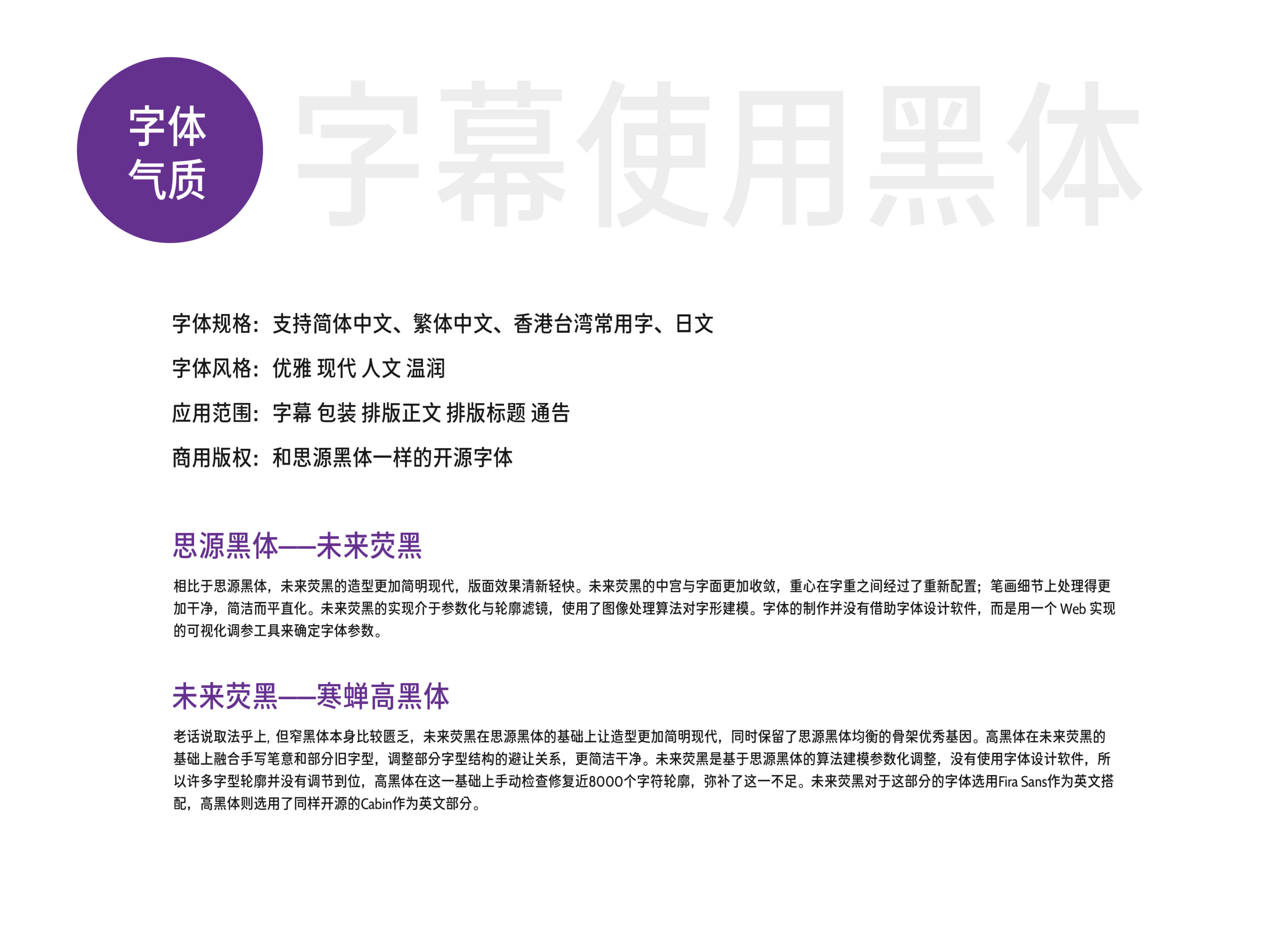字体气质标题，字幕使用黑体字体介绍，包含字体规格、风格、应用范围及与思源黑体的对比说明。