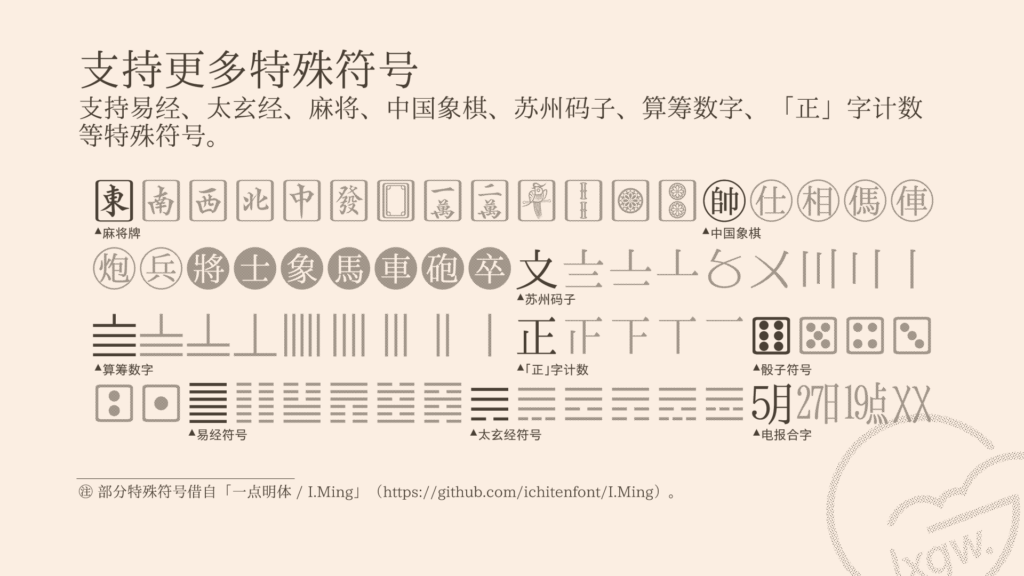 图中展示了多种中文特殊符号,包括麻将牌、中国象棋棋子、苏州码子、算筹数字、「正」字计数符号、易经与太玄经卦象、骰子以及电报合字等示例。