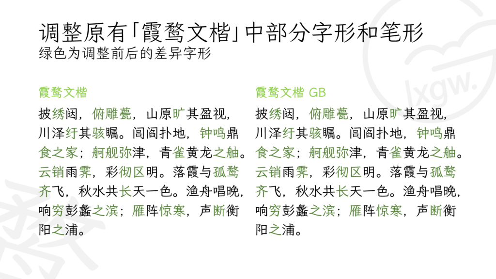 显示霞鹜文楷与霞鹜文楷GB字体的对比,绿色标注调整后的字符差异。