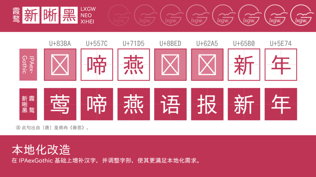 霞鹜新晰黑字体示例,展示“莺啼燕语报新年”完整句子及单个字符的显示效果。