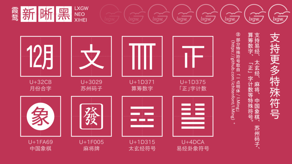 霞鹜新晰黑字体支持的特殊字符示例,包括月份合字、苏州码子、算筹数字、正字计数、中国象棋、麻将牌、太玄经符号和易经卦象符号。