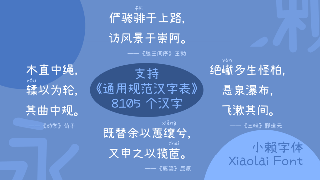 小赖字体宣传图,展示了支持《通用规范汉字表》8105个汉字的特性,四周配有《滕王阁序》、《劝学》、《三峡》、《离骚》等古典名篇摘句。