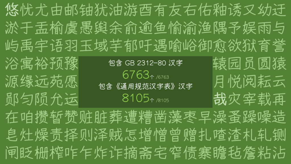 该图包含两组汉字字形集合的统计信息:GB 2312–80 标准包含 6763 个汉字,《通用规范汉字表》包含 8105 个汉字。