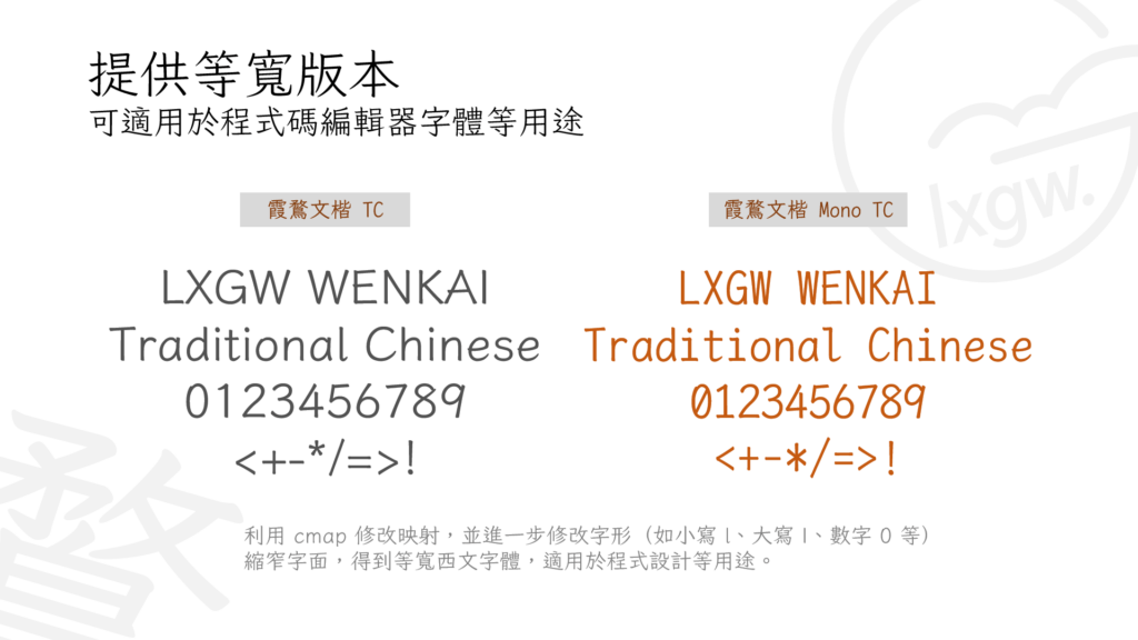 LXGW WenKai 两种繁体中文字体展示,左侧为标准版,右侧为等宽版(Mono),适用于程式码编辑器。