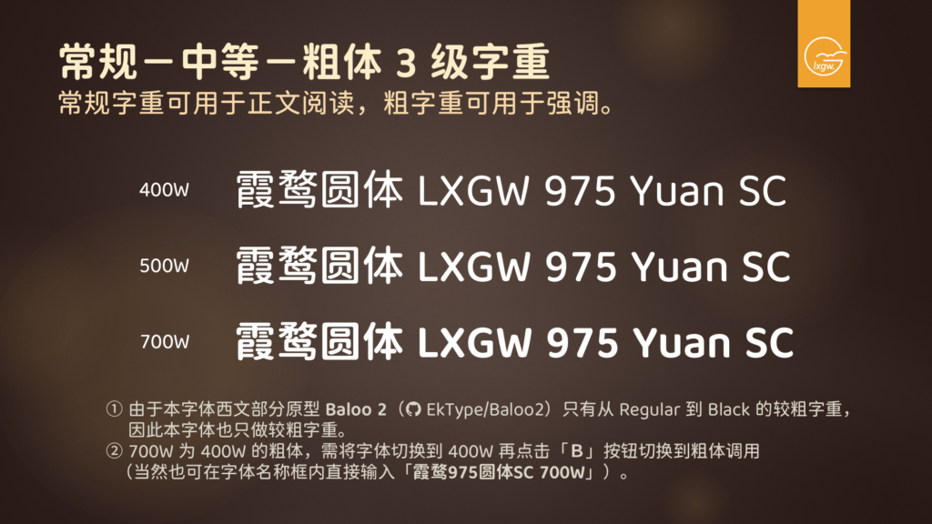 这是展示霞鹜圆体(LXGW 975 Yuan SC)400W常规、500W中等、700W粗体三级字重的示例图,同时附注了该字体西文原型仅制作较粗字重、700W为400W粗体的使用提示。