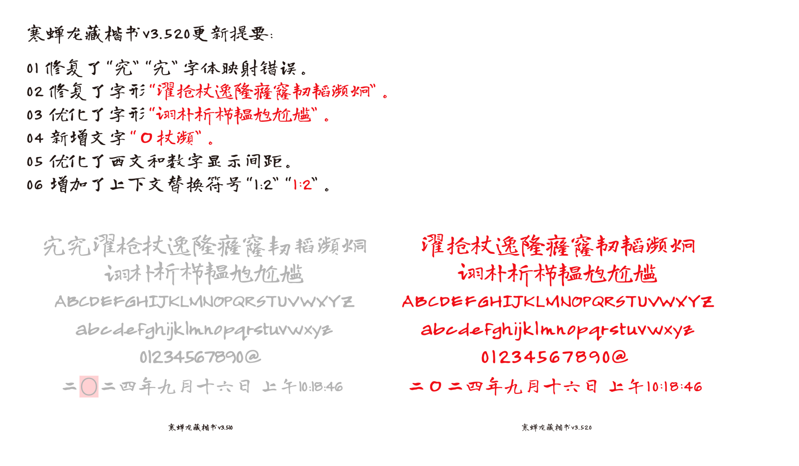 v3.520 更新提要，包括修复字体映射、优化字形、新增文字、调整显示间距和增加上下文替换符号，并展示更新后的字体效果示例。