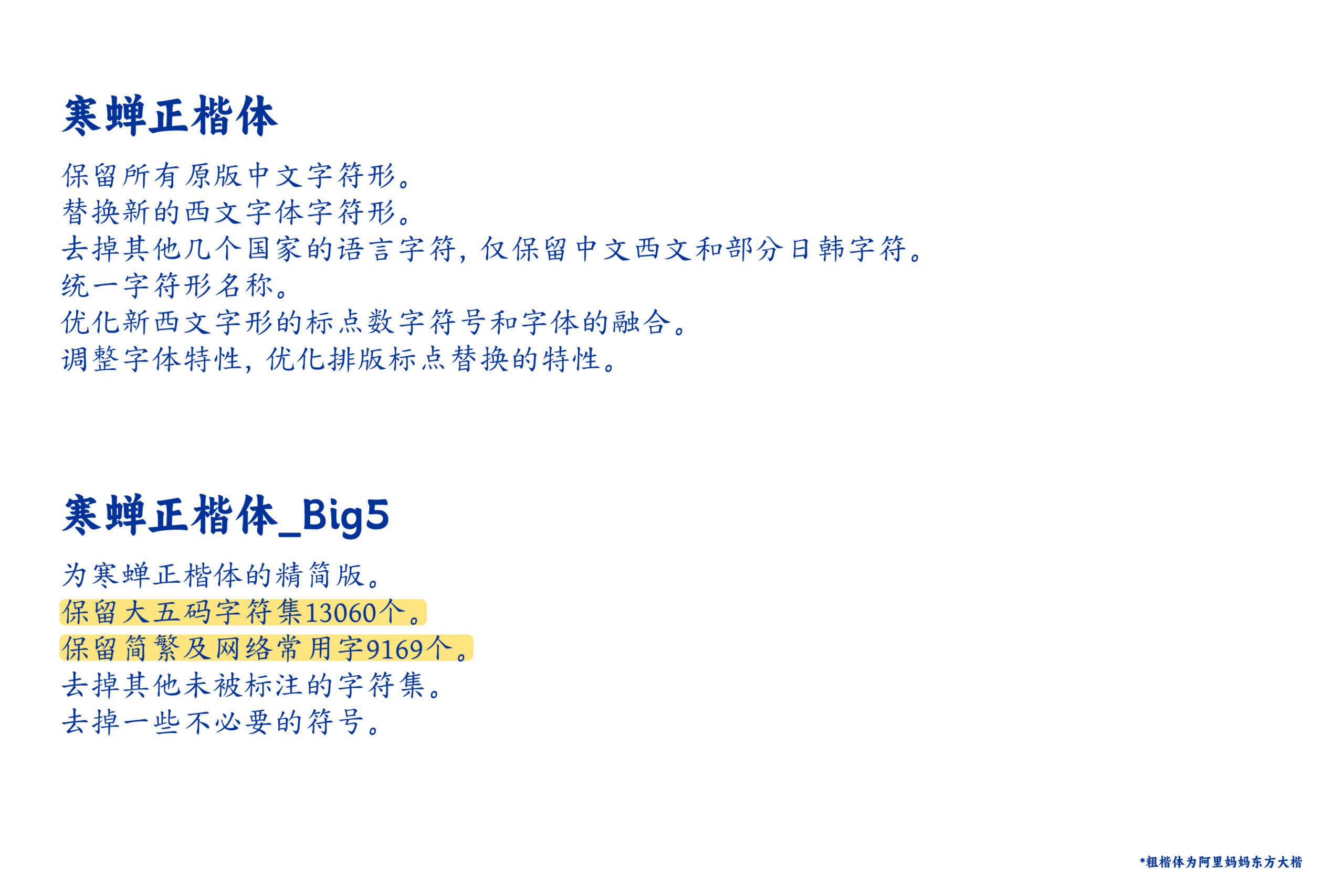 寒蝉正楷体保留原版中文字形，替换西文字体字符形，统一字符形名称，并优化标点符号融合。寒蝉正楷体_Big5是其精简版，保留大五码字符集13060个，简繁及网络常用字9169个，去掉其他未标注字符集及不必要符号。