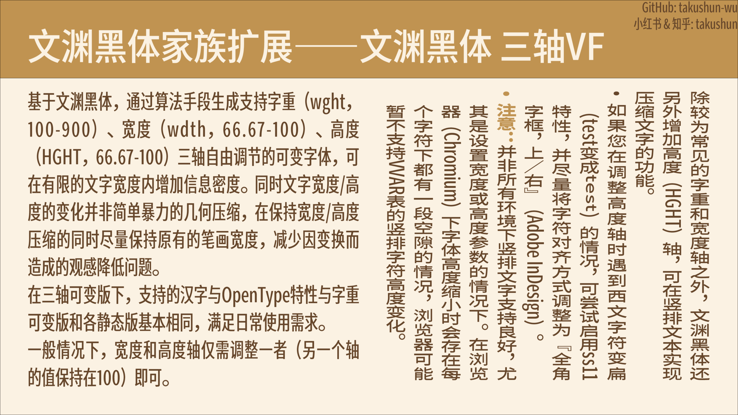 文渊黑体三轴可变字体家族扩展介绍,通过算法生成支持字重、宽度、高度三轴调节,保持笔画质量以减少观感降低,并说明浏览器支持与CSS设置注意事项。