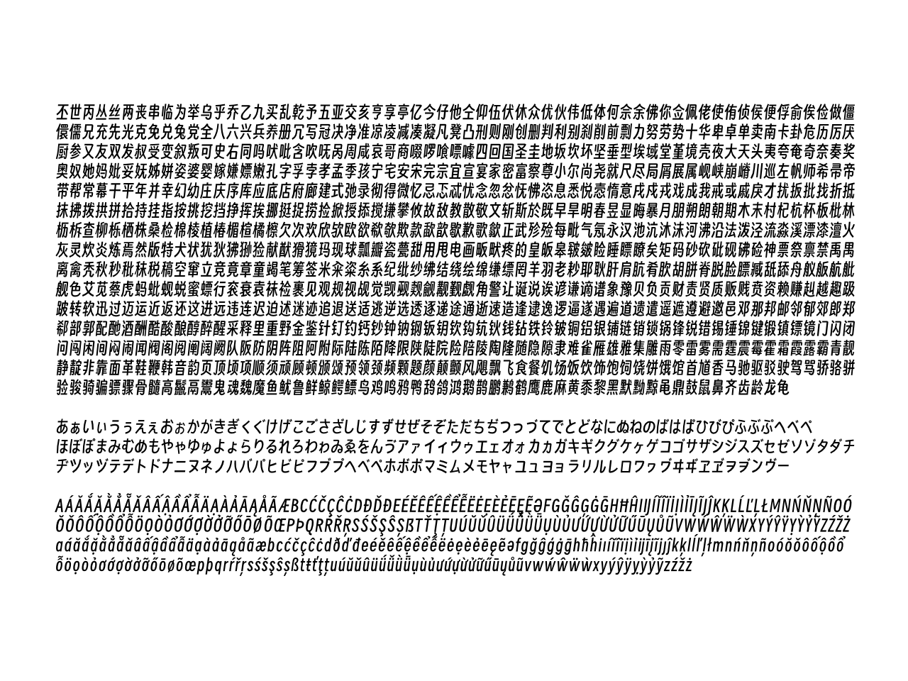 字体样本，展示了汉字、平假名以及带有变音符号的拉丁字母。