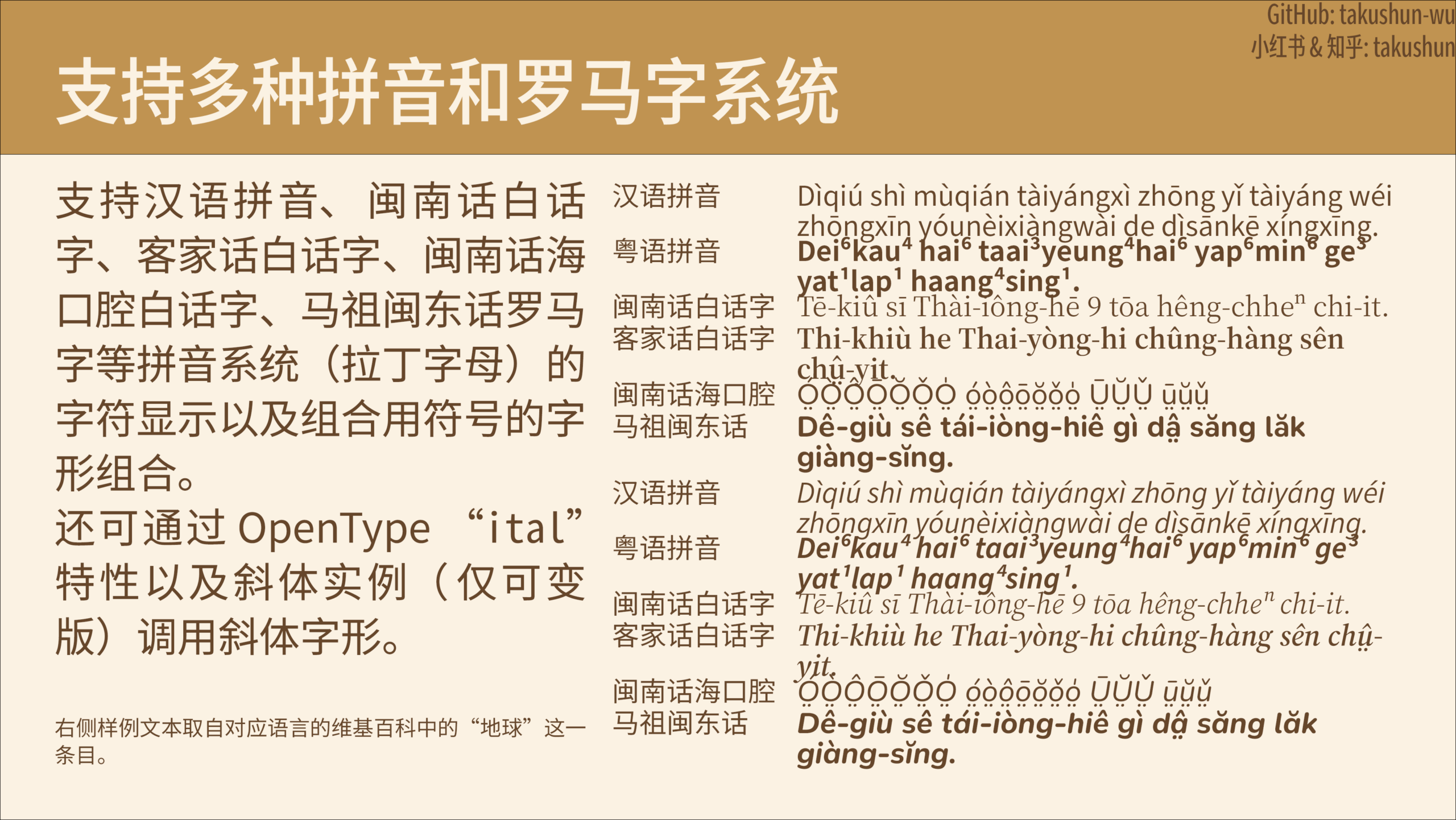支持多种拼音和罗马字系统的示例,包括汉语拼音、粤语拼音、闽南语白话字等,并展示对应的文本样例。