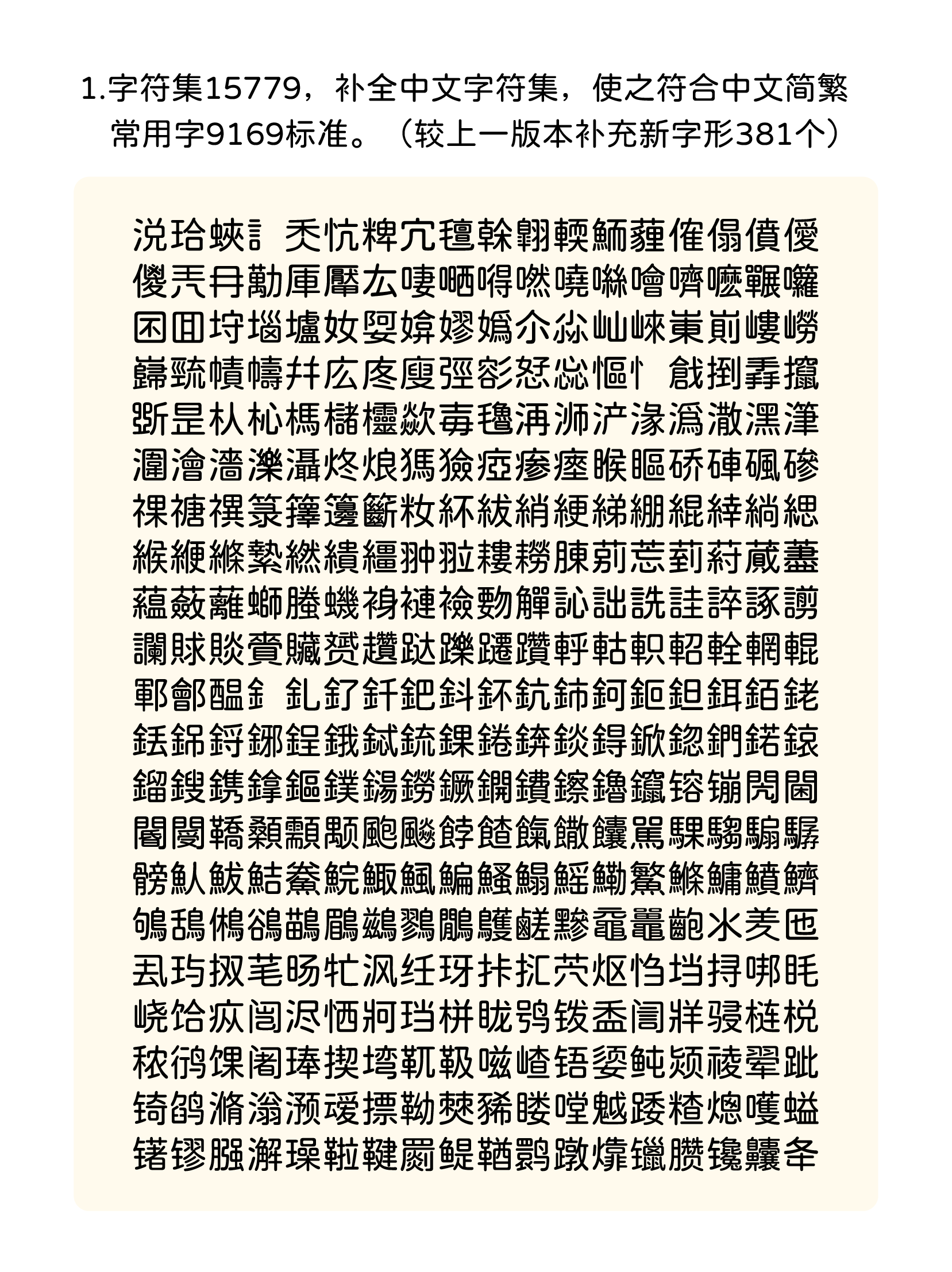 中文字符集15779中新增的381个字符展示，符合简繁常用字标准。