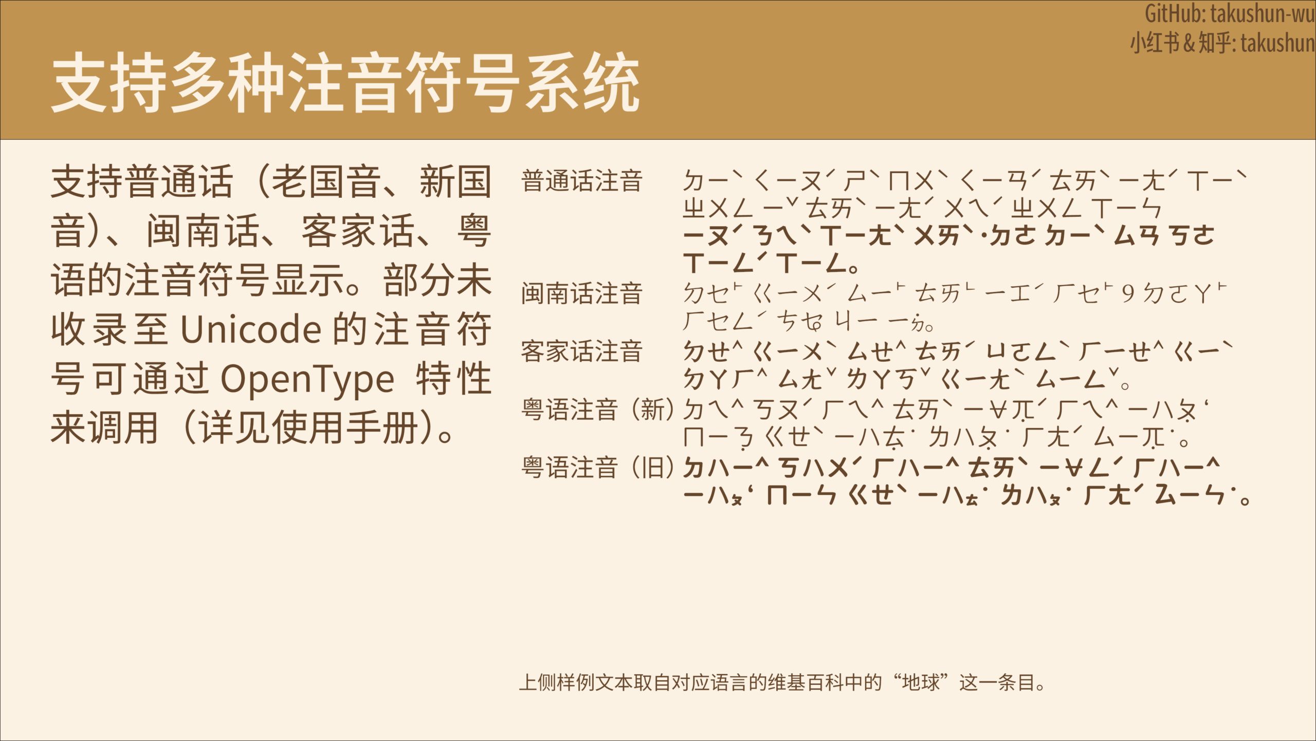 支持普通话、闽南话、客家话和粤语的注音符号系统,示例为维基百科中“地球”一词的注音。