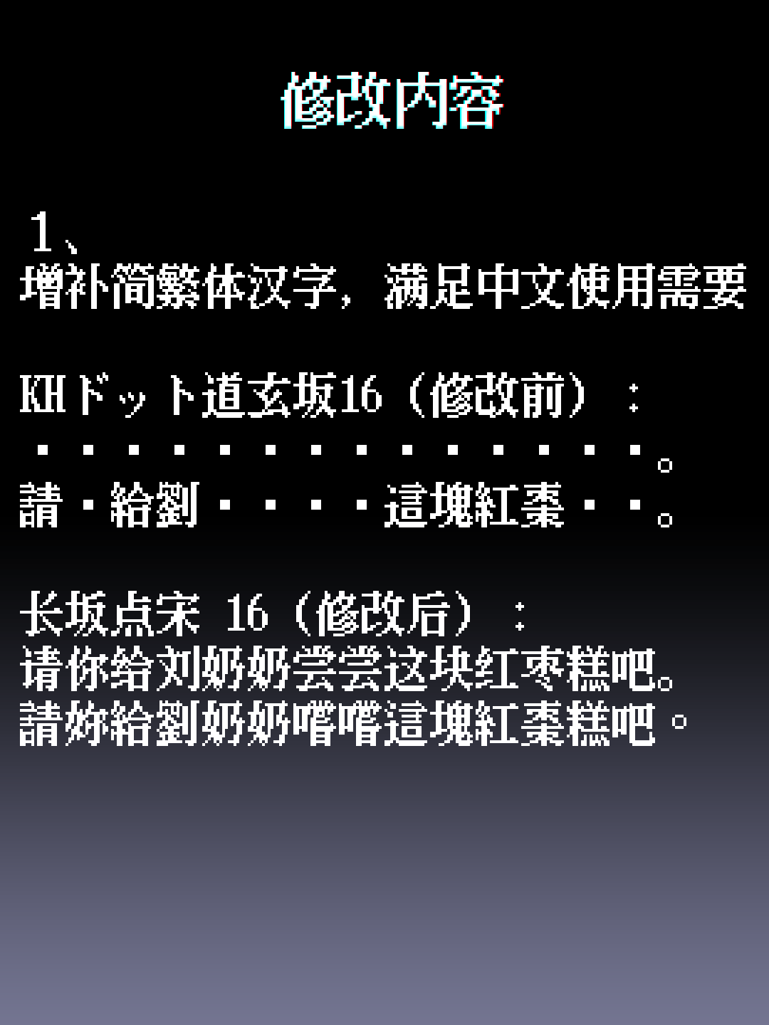 展示字体修改前后对比,包括增补简繁体汉字的效果示例,如“KH ドット道玄坂16”修改为“长坂点宋16”时文字从乱码变为正确显示的简体和繁体句子。