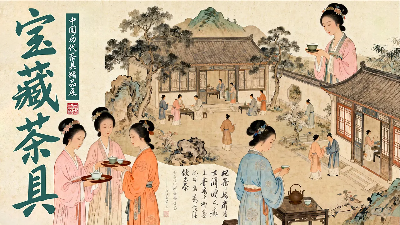 “宝藏茶具:中国历代茶具精品展”配图,中国古典庭院人物画,描绘古代仕女与文人在院中品茶、端茶、赏景的雅致场景。-刊刻Kntuk