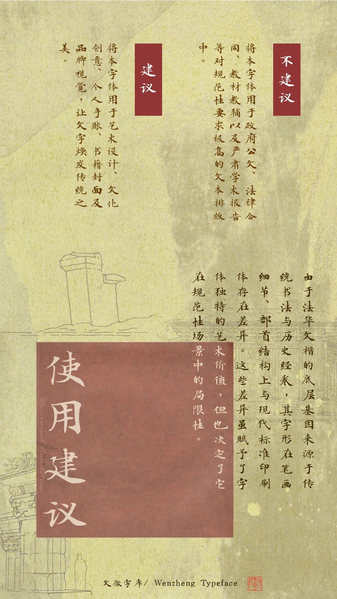 文徵字库法华文楷使用建议:推荐用于艺术设计、书籍封面等创意场景展现传统之美;不建议用于公文、合同等规范排版,因其字形源于传统书法,与现代标准印刷体存在差异。