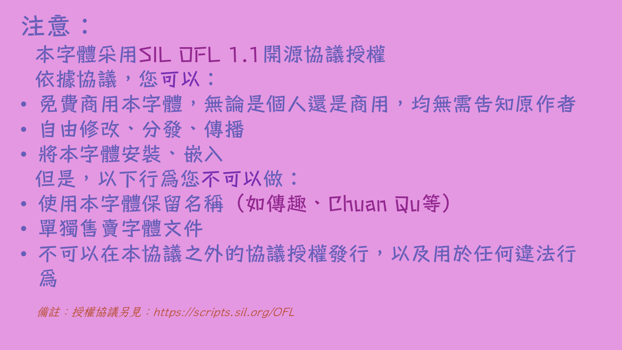 此图展示采用SIL OFL 1.1开源协议的字体授权说明，包含可免费商用、自由修改分发等允许行为，以及禁止保留特定字体名称、单独售卖字体文件等禁止行为，备注授权协议详见https://scripts.sil.org/OFL