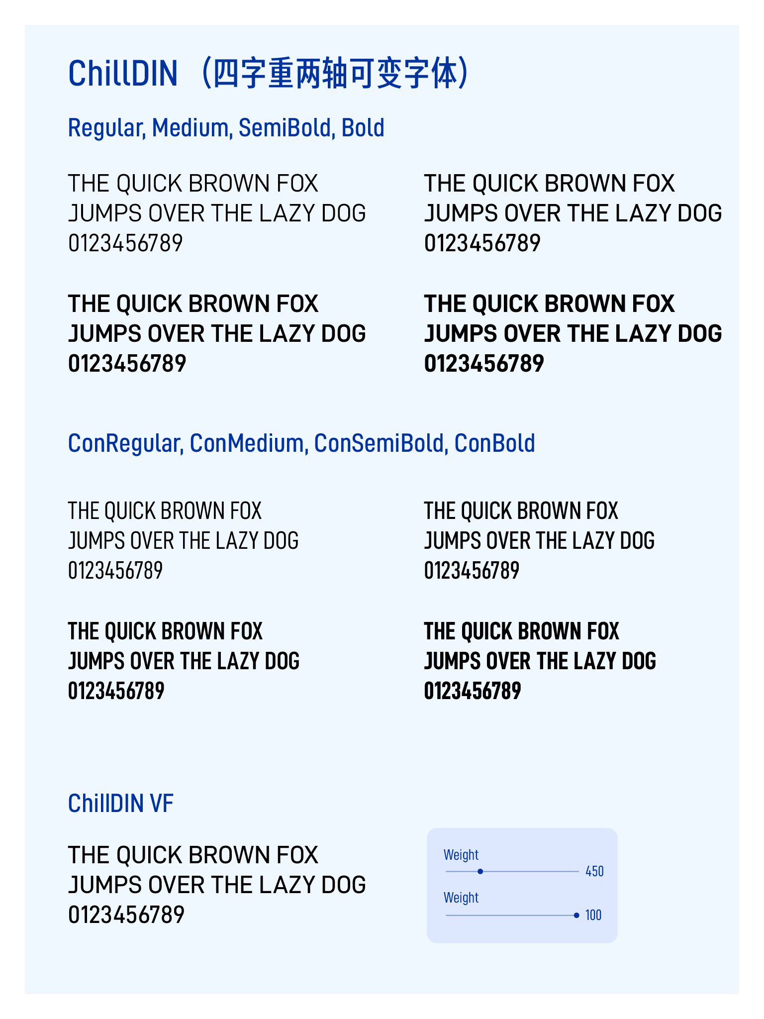 ChillDIN 字体样本展示，包括其四种字重（Regular、Medium、SemiBold、Bold）的常规和窄体样式，以及可变字体控制界面。