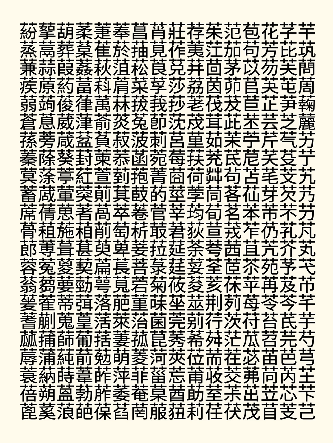 密集排列的草字头汉字网格，包含芋、艽、芳、芎、芬等汉字-刊刻Kntuk