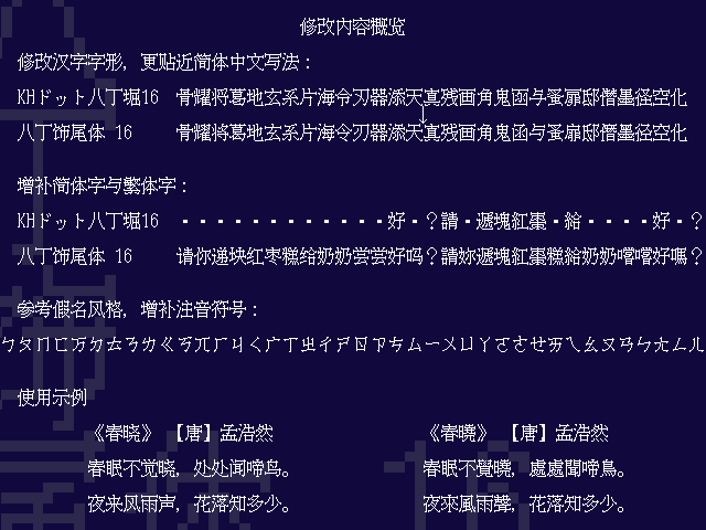 修改汉字字形以贴近简体中文写法,包括八丁堀体和饰尾体等字体对简体与繁体字的展示,并附带《春晓》诗句作为使用示例。