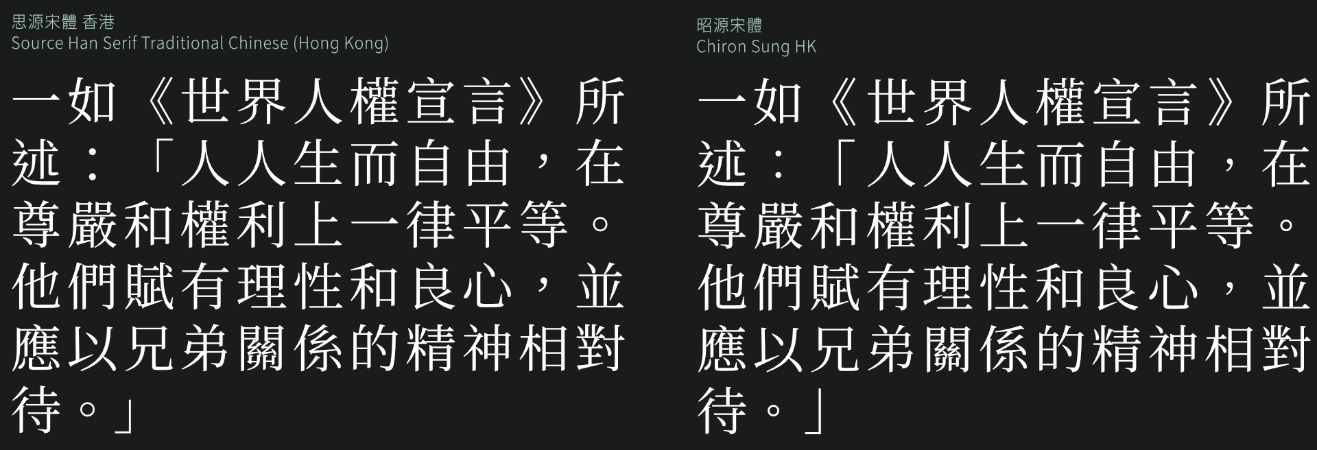 对比思源宋体香港版和昭源宋体两种字体下同一段《世界人权宣言》引文的显示效果。
