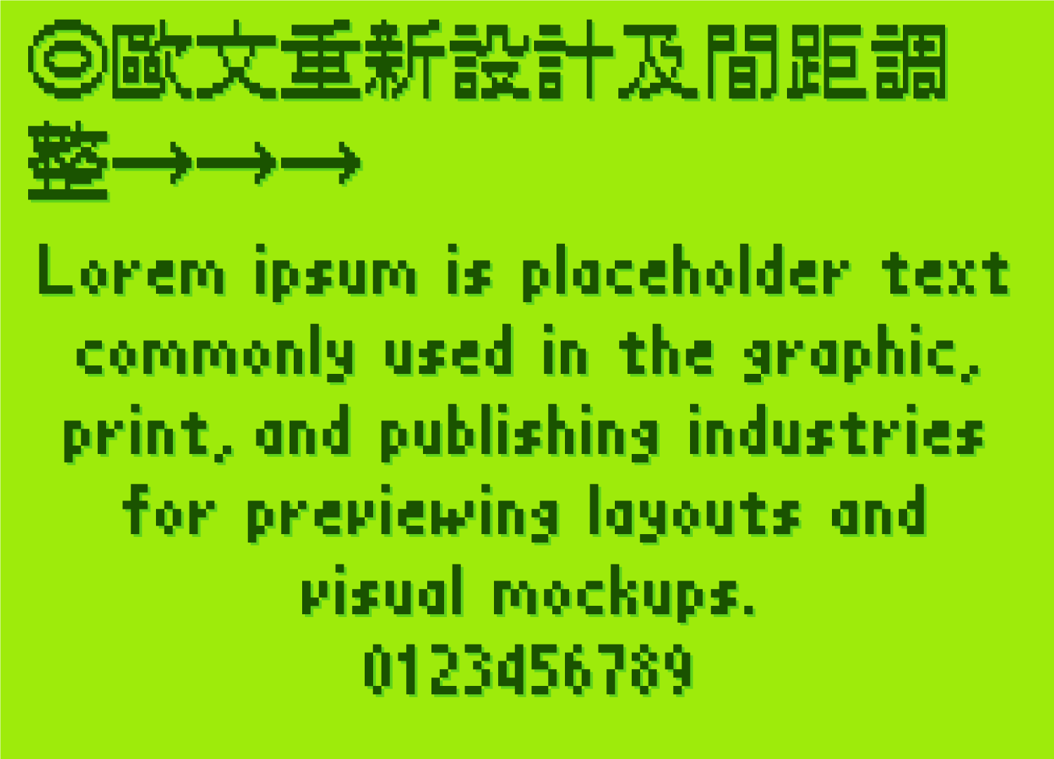 展示像素化字体样本，包含中文“歐文重新設計及間距調整”、英文Lorem ipsum占位符文本及数字0123456789。