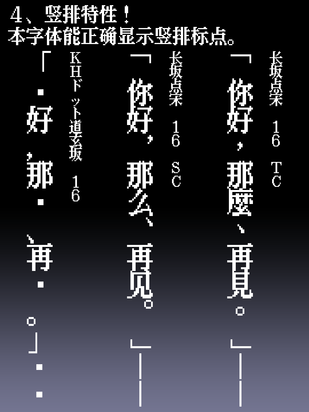 展示了该字体在日文、简体中文及繁体中文中竖排文字与标点的正确显示效果。
