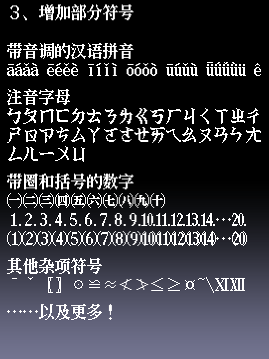 增加的部分符号,包括带音调的汉语拼音字母、注音字母、带圈及括号的中文数字与阿拉伯数字、其他杂项符号等。