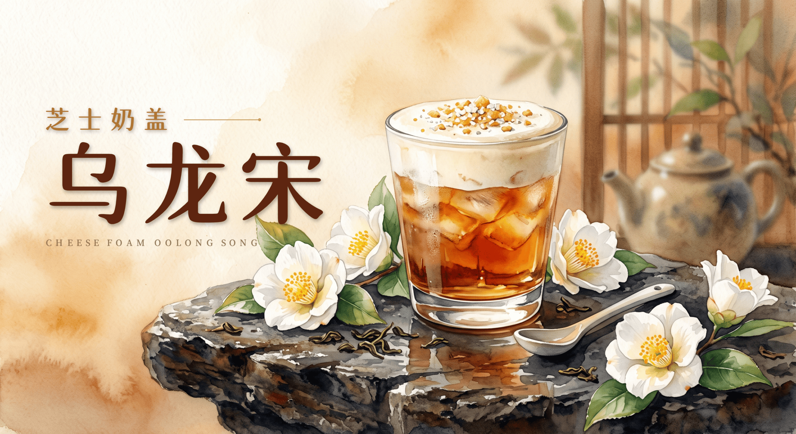 一杯顶部有芝士奶盖的乌龙宋饮品，置于岩石之上，周围环绕着白色花朵、茶叶和茶具，背景为淡色水墨风格，文字“芝士奶盖乌龙宋”和英文“CHEESE FOAM OOLONG SONG”清晰可见。