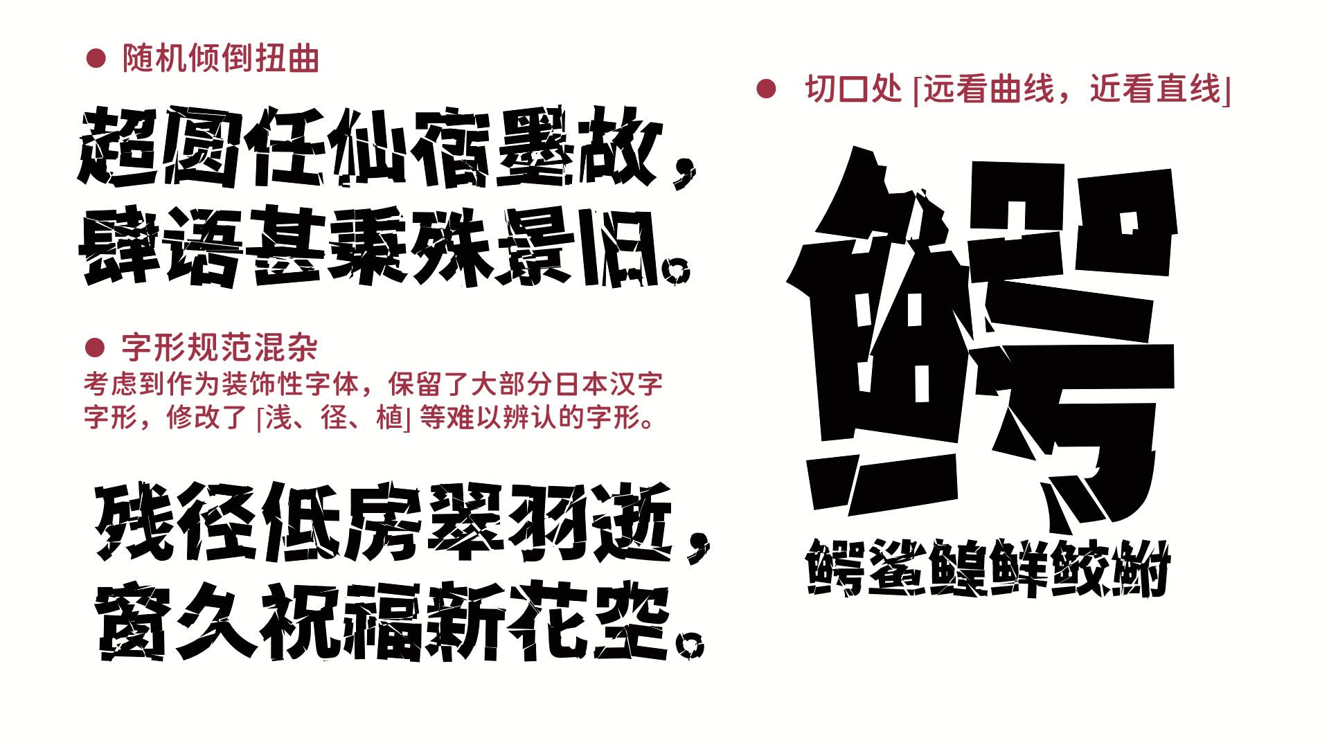 这是一张字体设计样张,展示了一款装饰性汉字字体的设计特点,包括随机倾倒扭曲、字形规范混杂、切口处远看曲线近看直线等特征,并附有样字示例。