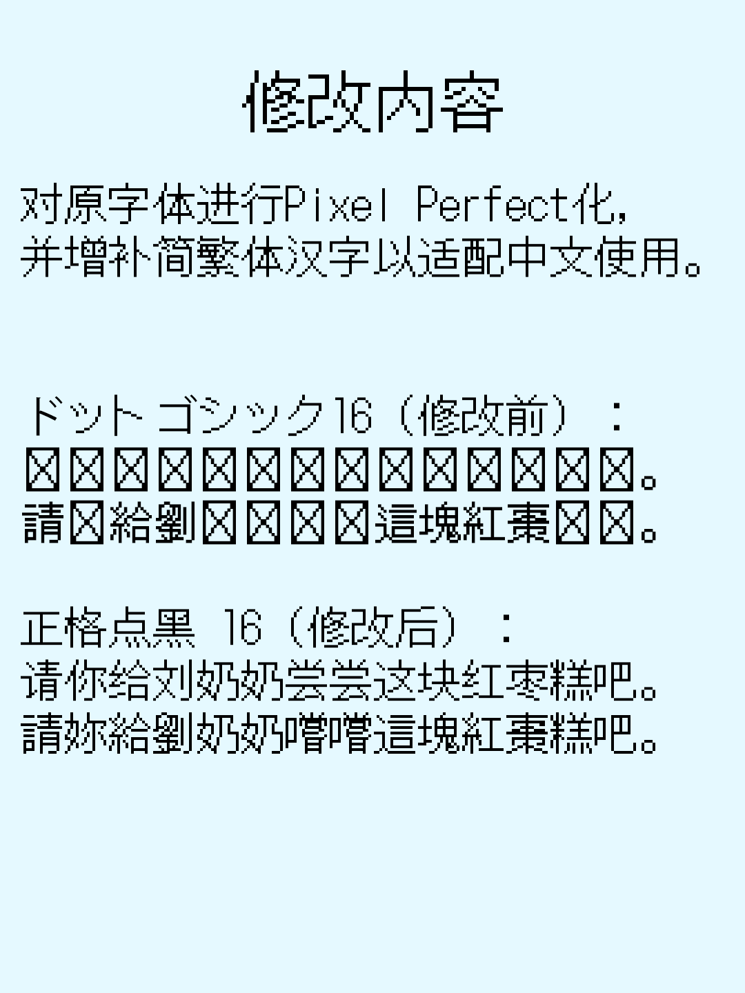 正格点黑字体修改前后对比,修改前部分字符显示为方框,修改后正确显示简繁体句子“请你给刘奶奶尝尝这块红枣糕吧”。