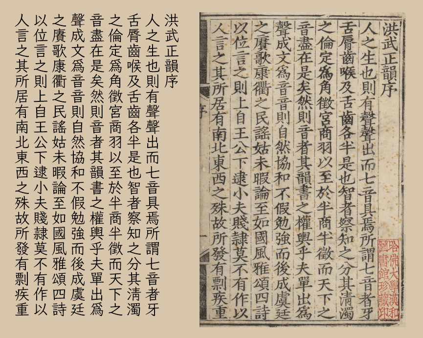 《洪武正韵序》古籍书页，右下角有哈佛大学汉和图书馆珍藏印，左侧为序文正文。-刊刻Kntuk