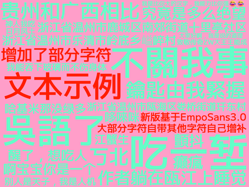 EmpoSans3.0字体文本示例，展示多种字符排版，包含“文本示例”、“不關我事”、“吃一堑”、“吳語了”及温州地址，注明大部分字符自带，作者躺在瓯江上睡觉。-刊刻Kntuk