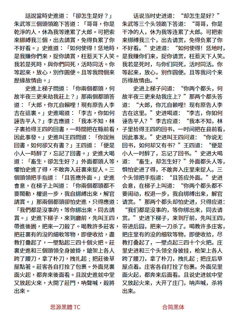 思源黑体TC与合简黑体对比图，左侧繁体右侧简体，展示同一段史进文本的字体效果。-刊刻Kntuk