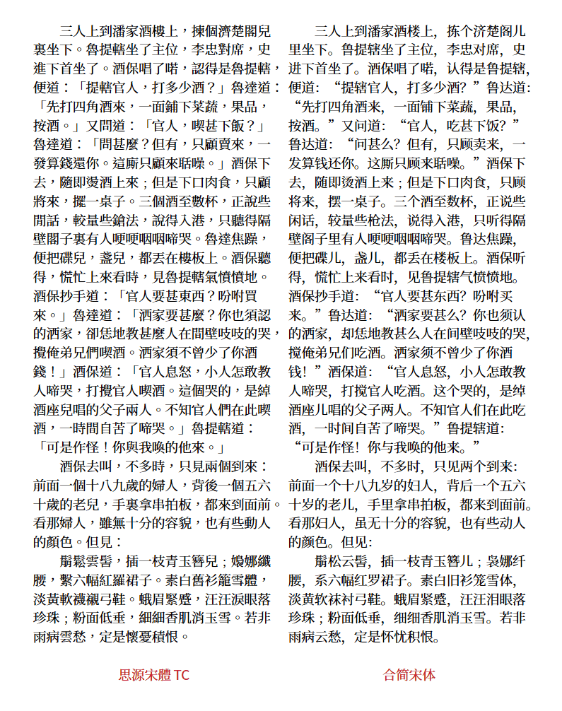 这是《水浒传》鲁提辖在潘家酒楼的一段文字对比，左边思源宋体TC繁体，右边合简宋体简体，讲鲁提辖喝酒时听到隔壁有人哭，叫酒保去查，结果来了一对父女-刊刻Kntuk