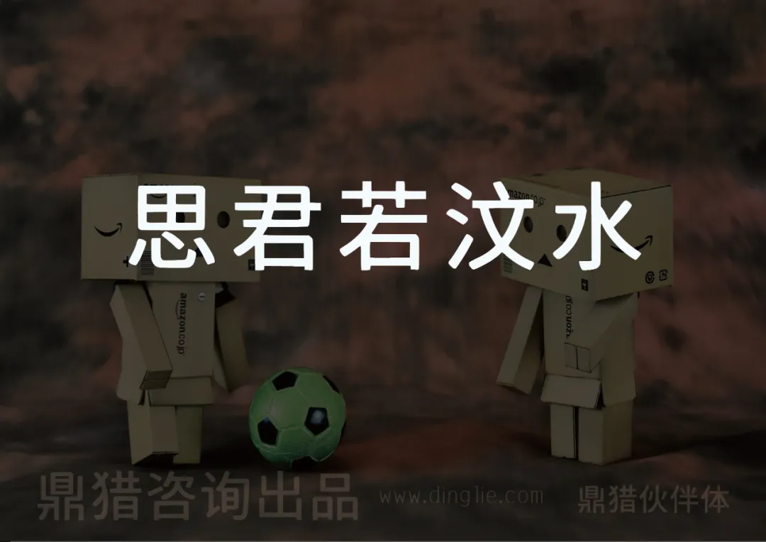 画面显示两个纸箱人和一个足球，上方有“思君若汶水”字样，底部有“鼎猎咨询出品”及www.dingle.com-刊刻Kntuk