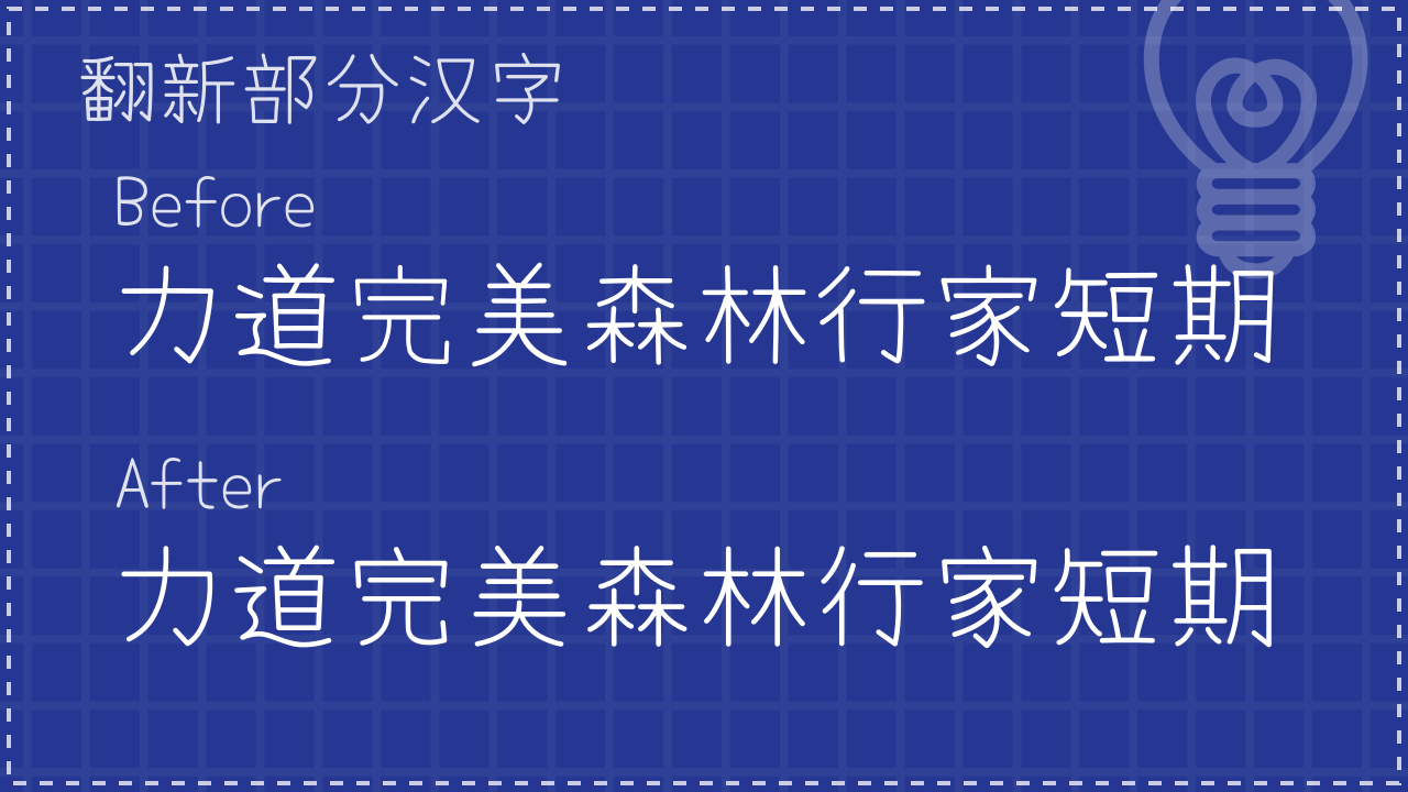 翻新部分汉字，Before力道完美森林行家短期，After力道完美森林行家短期-刊刻Kntuk