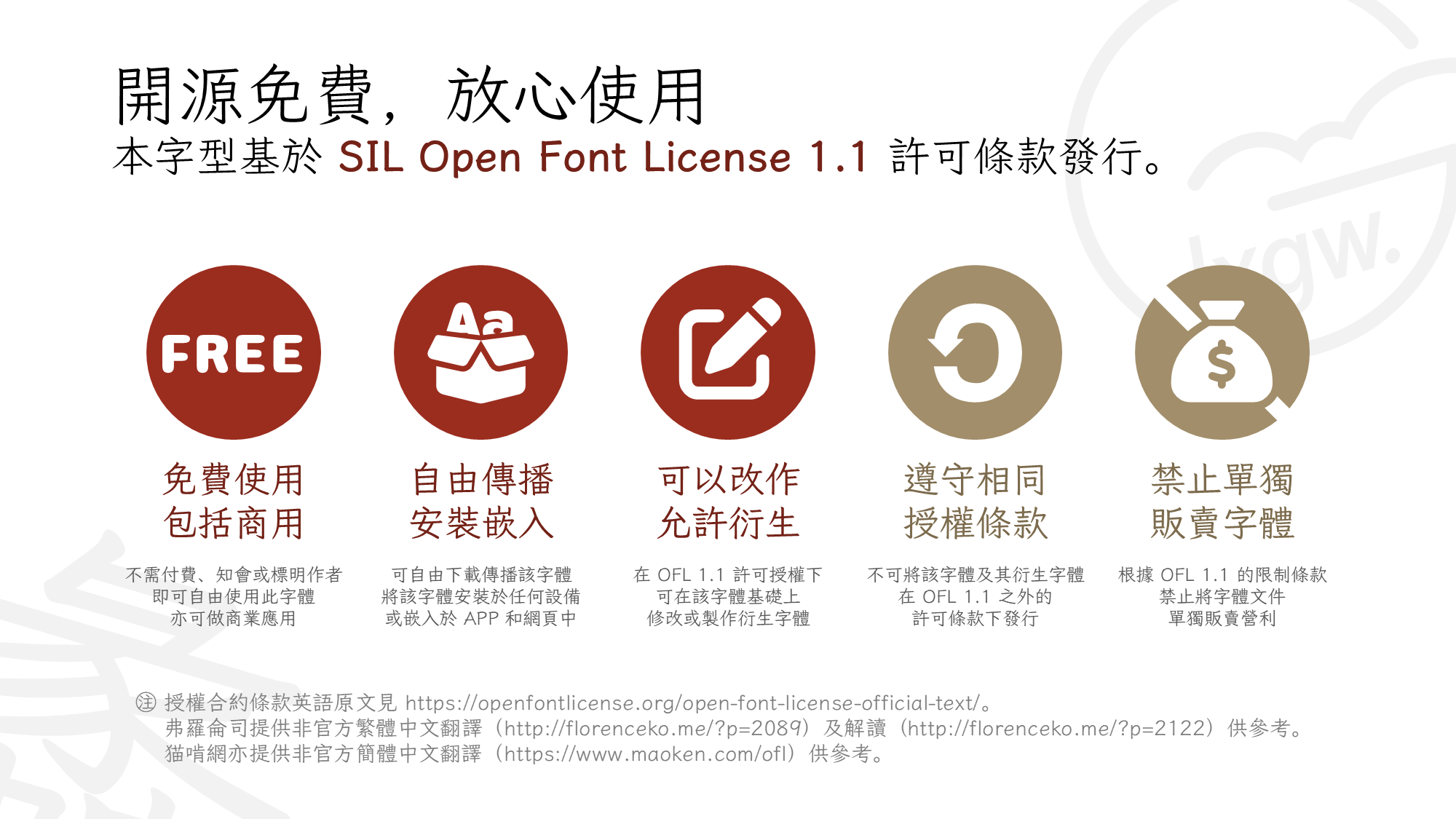 本字型基于SIL Open Font License 1.1发行，可免费商用、自由传播嵌入并允许衍生，但需遵守相同授权条款且禁止单独贩卖营利-刊刻Kntuk