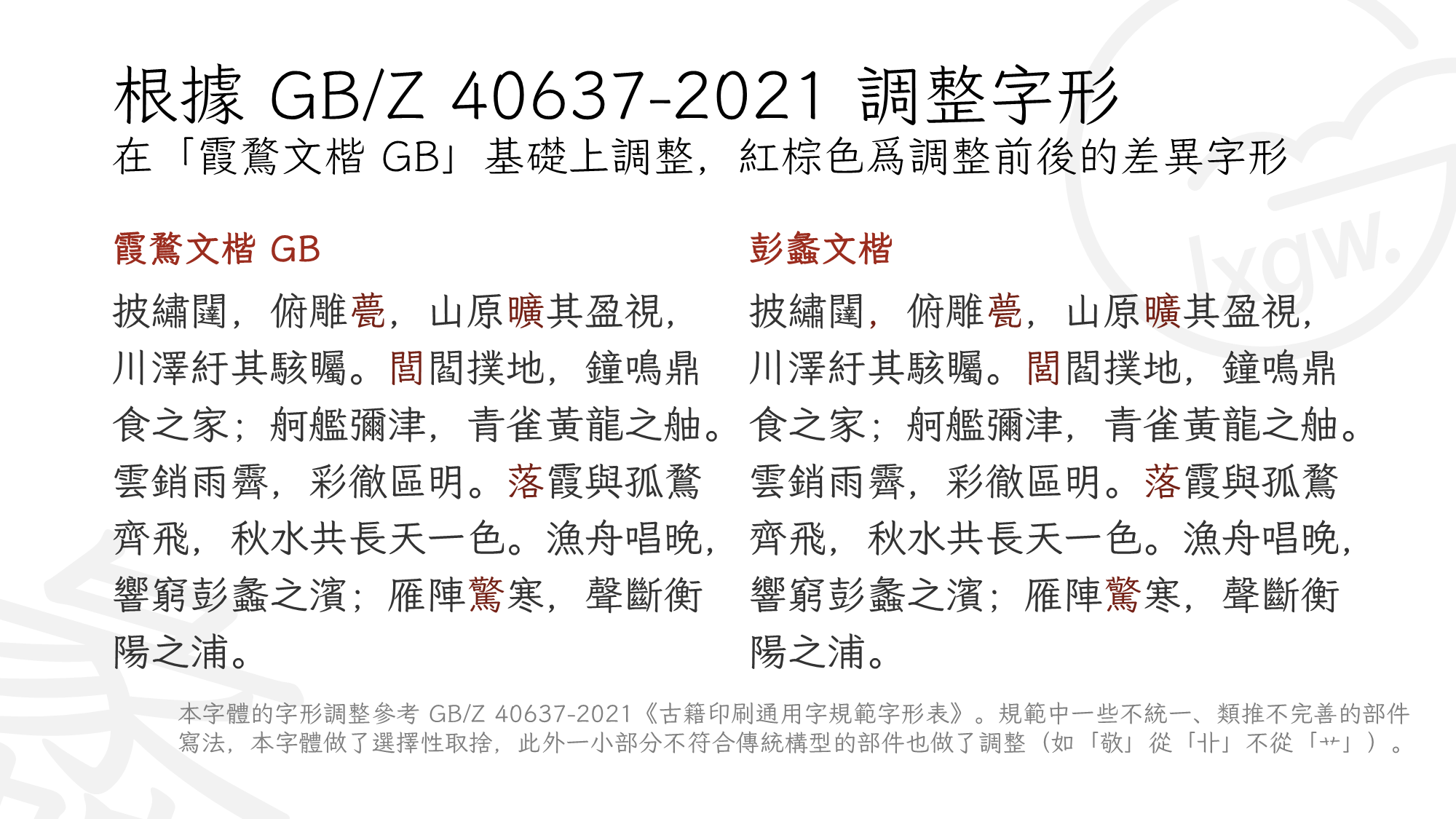 根据 GB/Z 40637-2021 将霞鹜文楷 GB 调整为彭蠡文楷，红棕色标识差异字形，底部说明参考古籍印刷规范对部件进行选择性取舍与调整-刊刻Kntuk