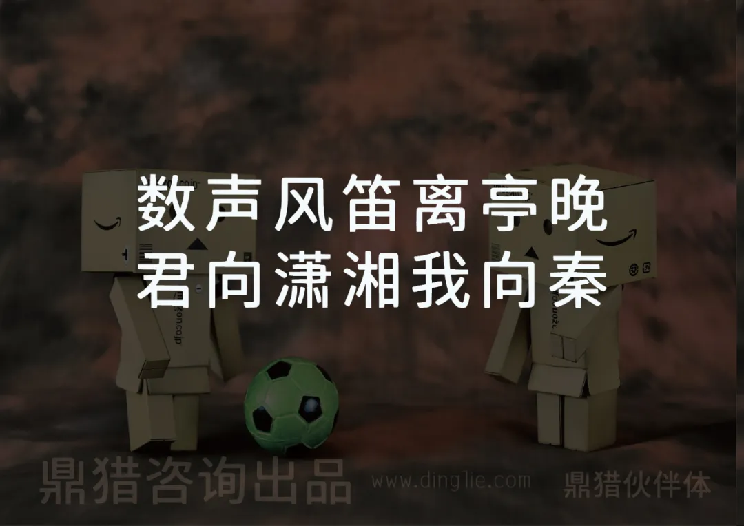 两个纸箱人站在足球旁，图上写着“数声风笛离亭晚 君向潇湘我向秦”，底部有“鼎猎咨询出品 www.dinglie.com 鼎猎伙伴体”-刊刻Kntuk