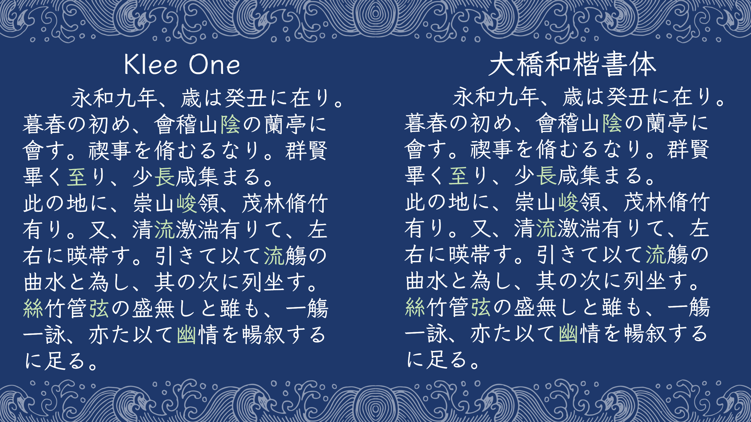深蓝色背景带波浪纹,对比展示 Klee One 与大桥和楷书体,内容为相同的日文兰亭集序文本。-刊刻Kntuk